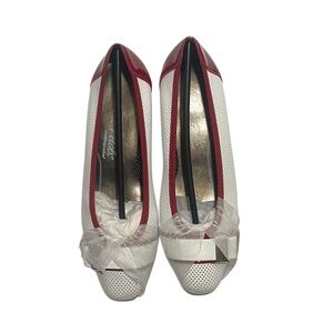 Walking Cradles White and Red Perforated Dress Pump Silver Buckle Toe Detail